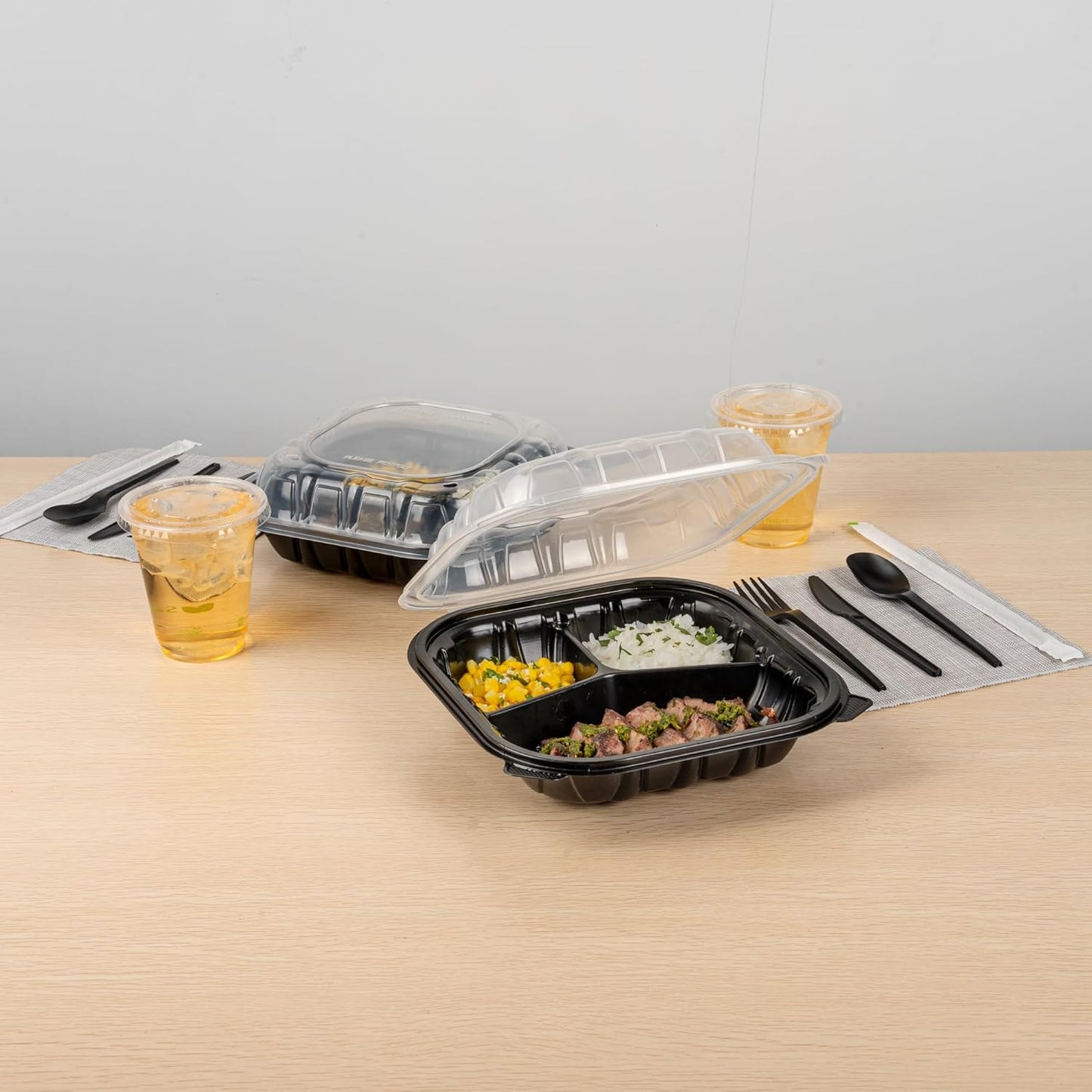 Thermo Tek 40 Ounce Clamshell Containers, 50 Disposable Take Out Boxes - 3 Compartments, Ventilated Lids, Black Plastic Meal Prep Containers, Microwavable, For Pasta Or Salads - Restaurantware