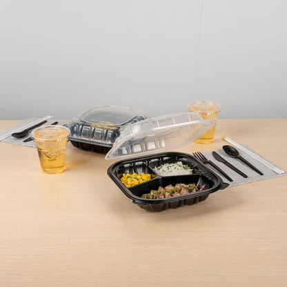 Thermo Tek 40 Ounce Clamshell Containers, 50 Disposable Take Out Boxes - 3 Compartments, Ventilated Lids, Black Plastic Meal Prep Containers, Microwavable, For Pasta Or Salads - Restaurantware