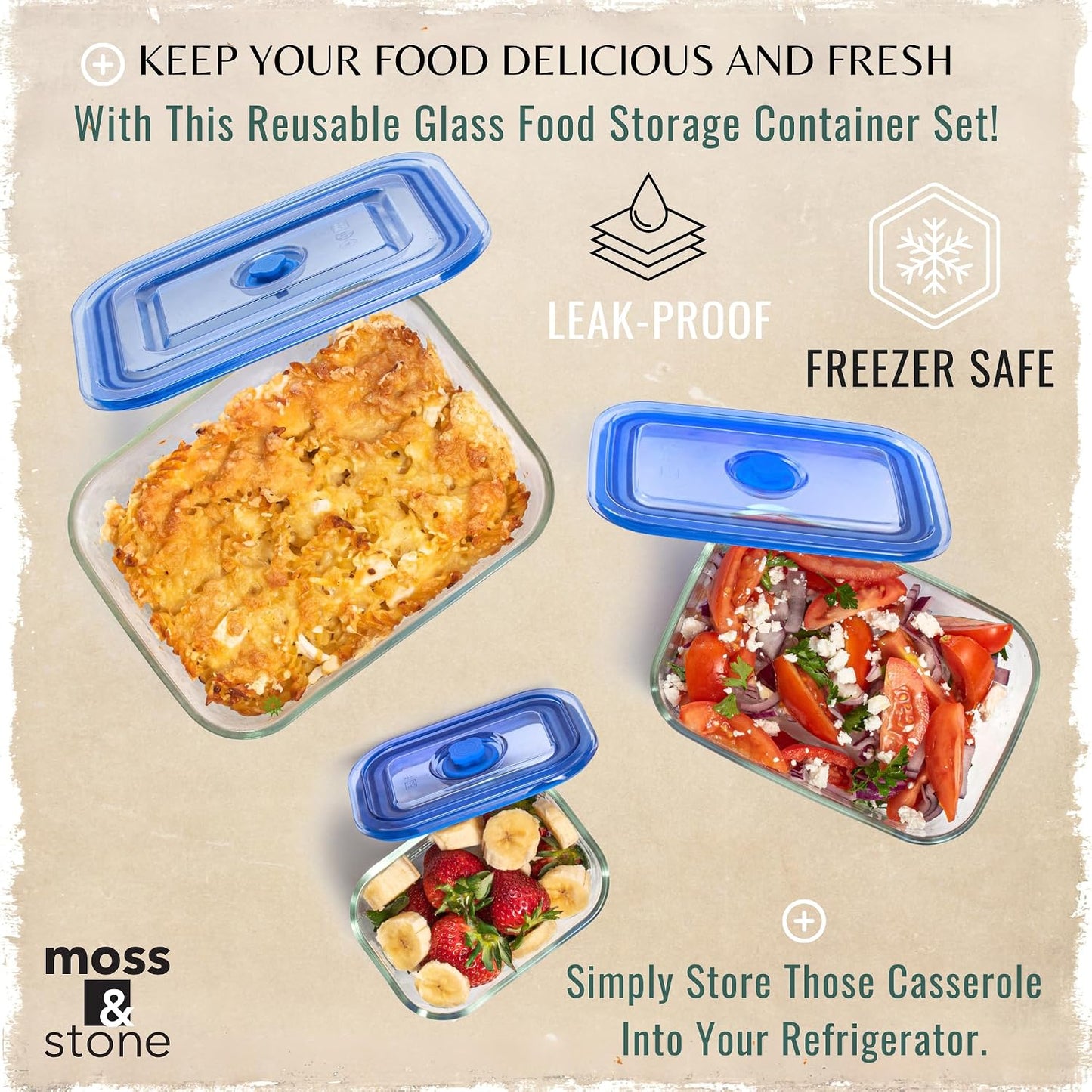 Moss and Stone Rectangular Borosilicate Glass Meal Food Containers - Prep Food Storage Containers Airtight - Snap Locking Lids – Microwave, Oven, Freezer, Dishwasher Safe – with 2 Compartment 2 Pack