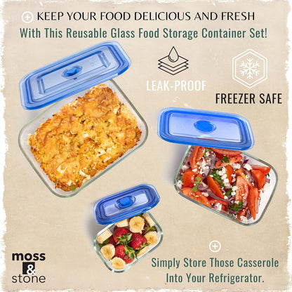 Moss and Stone Rectangular Borosilicate Glass Meal Food Containers - Prep Food Storage Containers Airtight - Snap Locking Lids – Microwave, Oven, Freezer, Dishwasher Safe – with 2 Compartment 2 Pack