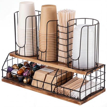 Geelin 18oz Adjustable Coffee Cup Dispenser with Wooden Base, Cup and Lid Holder, Cups Holder Organizer for Coffee Pod Straw and Lid Storage(2-compartment Single,Color 2)