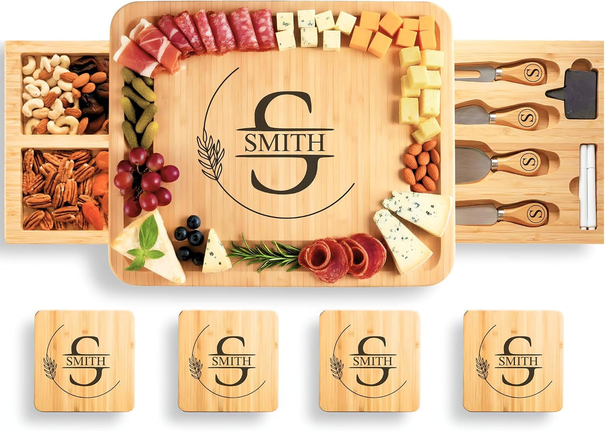 Personalized Bamboo Charcuterie Board Set with Accessories – Custom Large Serving Tray with Knives for Wedding, Anniversary, Bridal Shower, Women, Housewarming, Engagement, Couples, Mother’s Day Gifts