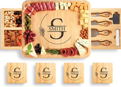 Personalized Bamboo Charcuterie Board Set with Accessories – Custom Large Serving Tray with Knives for Wedding, Anniversary, Bridal Shower, Women, Housewarming, Engagement, Couples, Mother’s Day Gifts