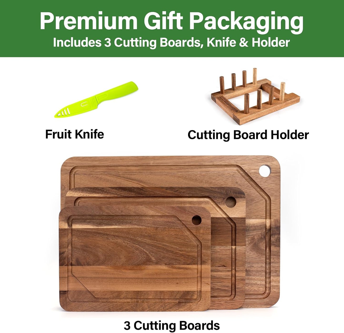 Wood Cutting Board Set of 4, Wooden Chopping Boards with Food Icons for Kitchen, Charcuterie Board for Meat, Vegetables, Fruits, Cheese