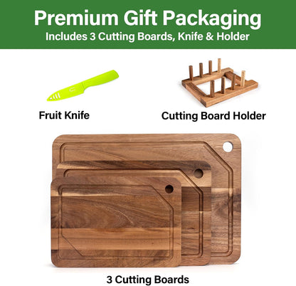 Wood Cutting Board Set of 4, Wooden Chopping Boards with Food Icons for Kitchen, Charcuterie Board for Meat, Vegetables, Fruits, Cheese