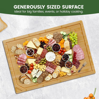 Kikcoin 17"×11" Bamboo Cutting Boards for Kitchen, Knife-Friendly Food Grade Wooden Cutting Boards for Kitchen, Charcuterie, Extra Large Chopping Boards with Deep Juice Groove, Reversible, Natural