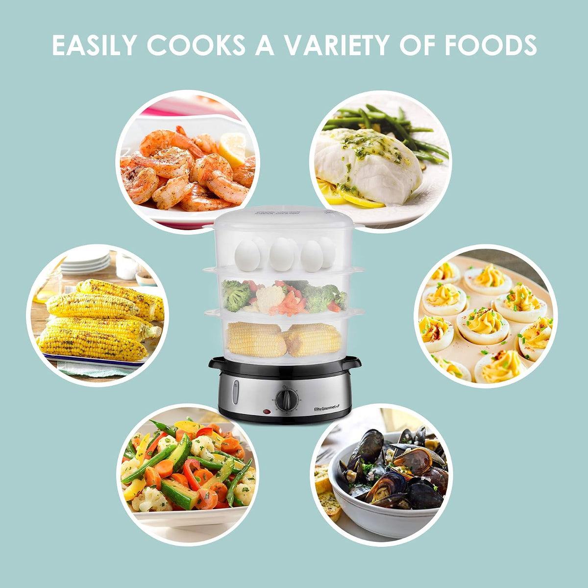 Elite Gourmet Electric Food Steamer, 3-Tier BPA-Free, 9 Qt, Stainless Steel