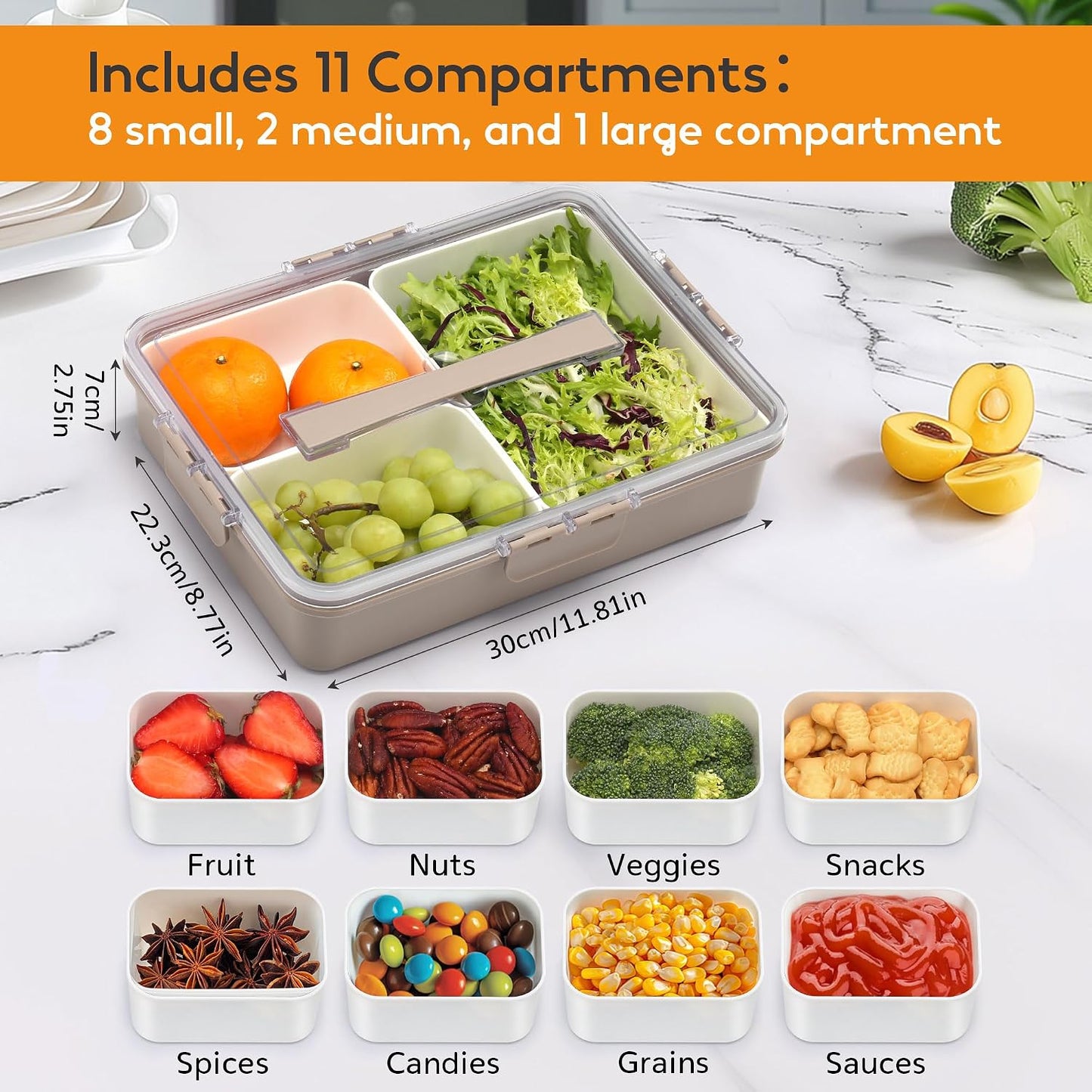 Snackle Box Container for Adults, 11 in 1 Divided Serving Tray Snack Box Containers with Stackable Compartment and Handle, Customizable Charcuterie Boxes Portable Snack Platter for Party Travel, Brown