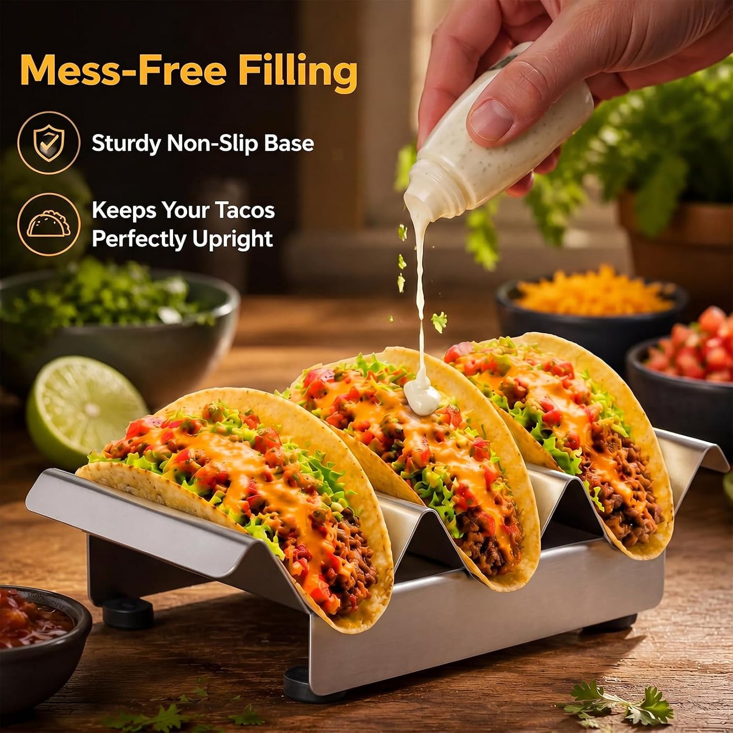 Potchen 4 Pcs 304 Stainless Taco Holder Bar with Base Taco Stands for 3 Tacos Metal Trays Easy to Clean, Dishwasher Safe, Hot Dog Prep Tray