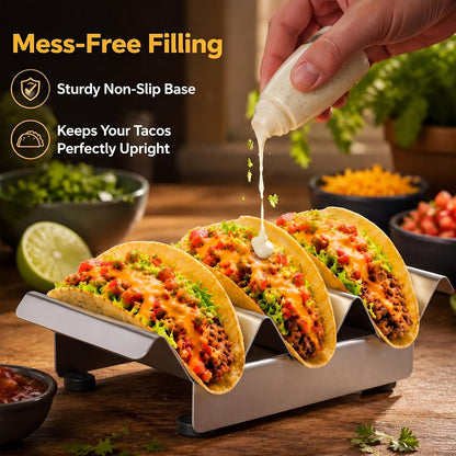Potchen 4 Pcs 304 Stainless Taco Holder Bar with Base Taco Stands for 3 Tacos Metal Trays Easy to Clean, Dishwasher Safe, Hot Dog Prep Tray