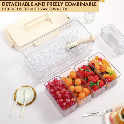 Chilled Condiment Caddy with Handle 4 Containers Taco Bar Serving set for a Party 1 Tong, 1 Ice Scraper, 4 Metal Forks, 20 Spoons for Mimosa Bar Supplies Accessories(Pink)