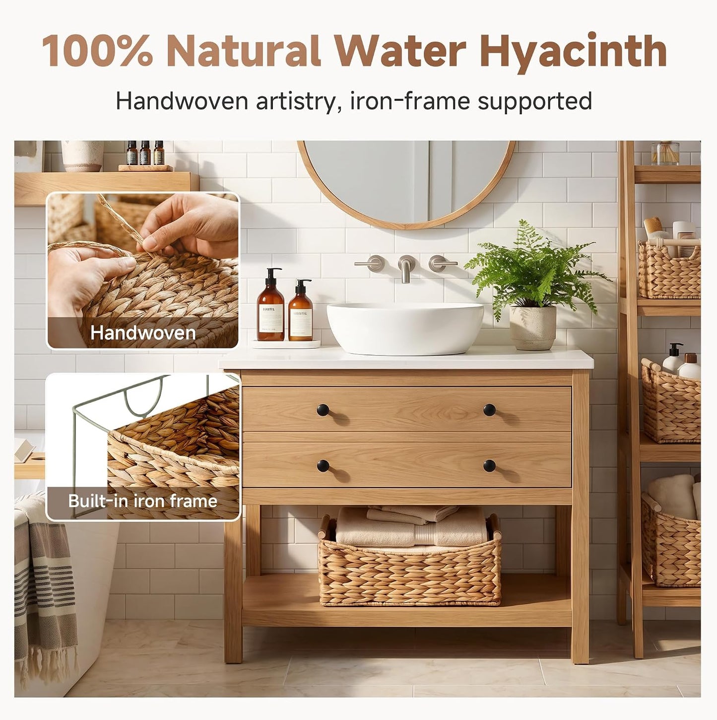 StorageWorks Wicker Baskets for Organizing, Water Hyacinth Storage Baskets with Handles, Woven Baskets for Pantry Storage, 13" x 8¼" x 7", 2-Pack