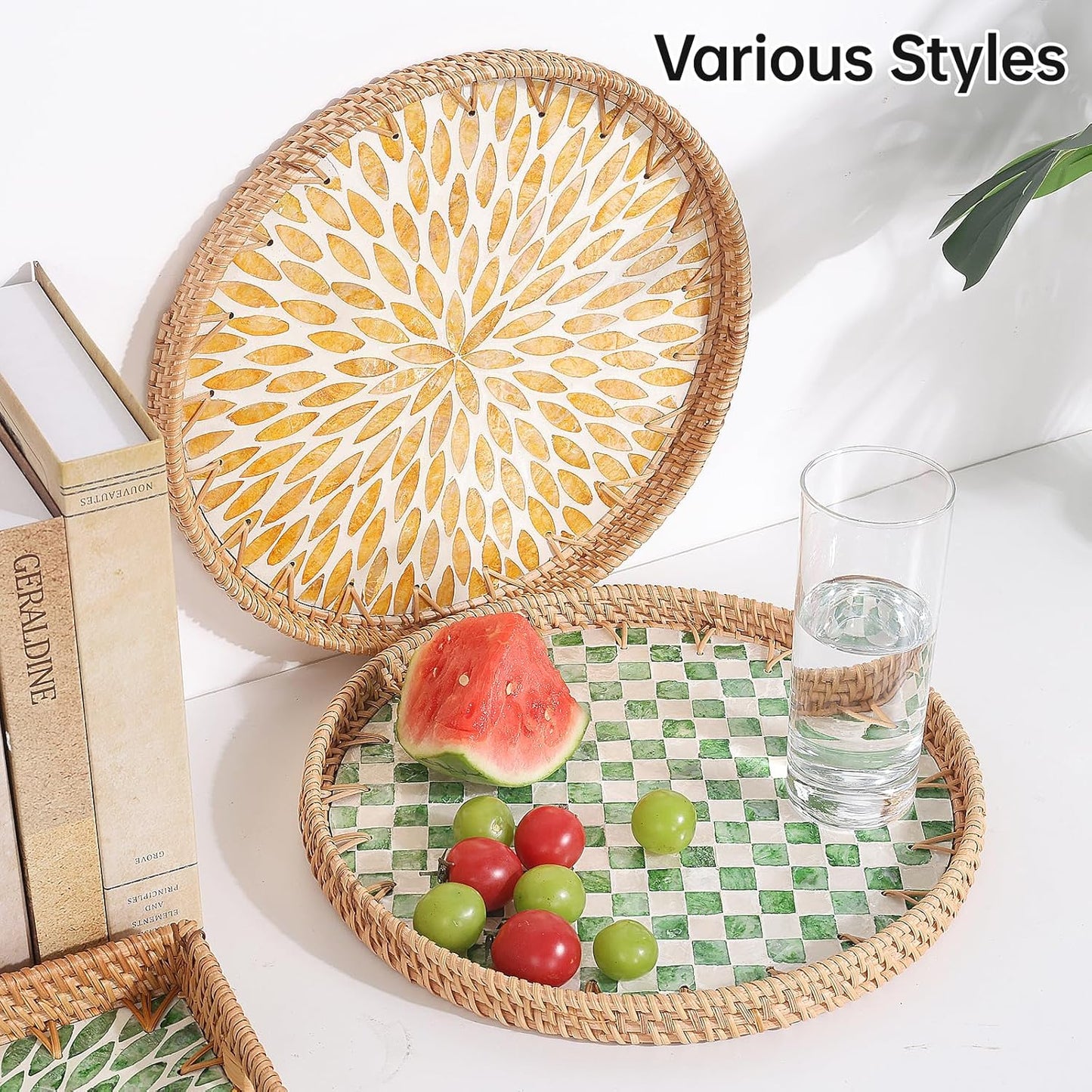 Round Rattan Tray with Mother of Pearl Inlay, Rattan Serving Tray for Coffee, Bread, Fruits, Decorative Wicker Tray for Table Decor, Home Decor, Kitchen Island Decor(Black Checkerboard, 11.8")