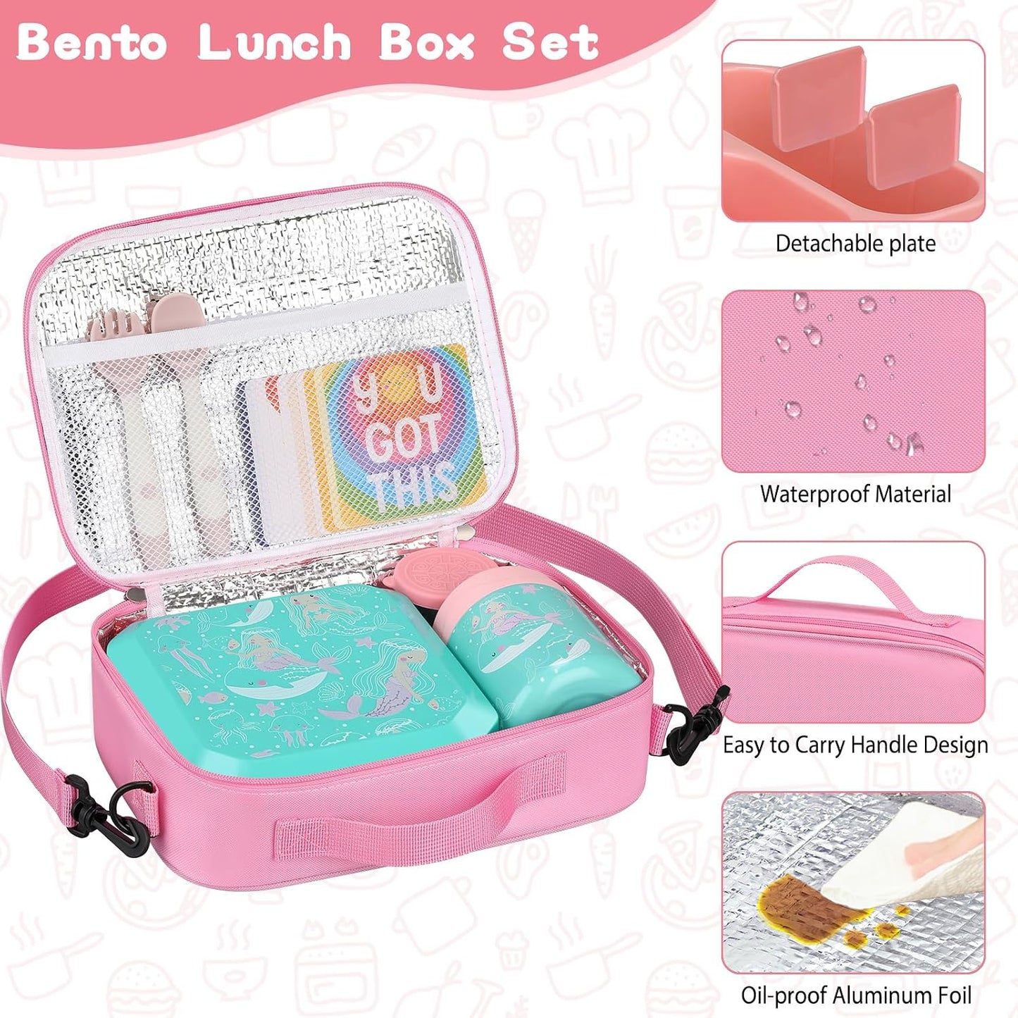 wiwens Bento Lunch Box for Kids with 12oz Soup Thermo Leak-Proof Lunch Food Container with 5 Compartment Thermo Hot Food Jar and Insulated Lunch Bag for Kid Toddler Girls Boys to School