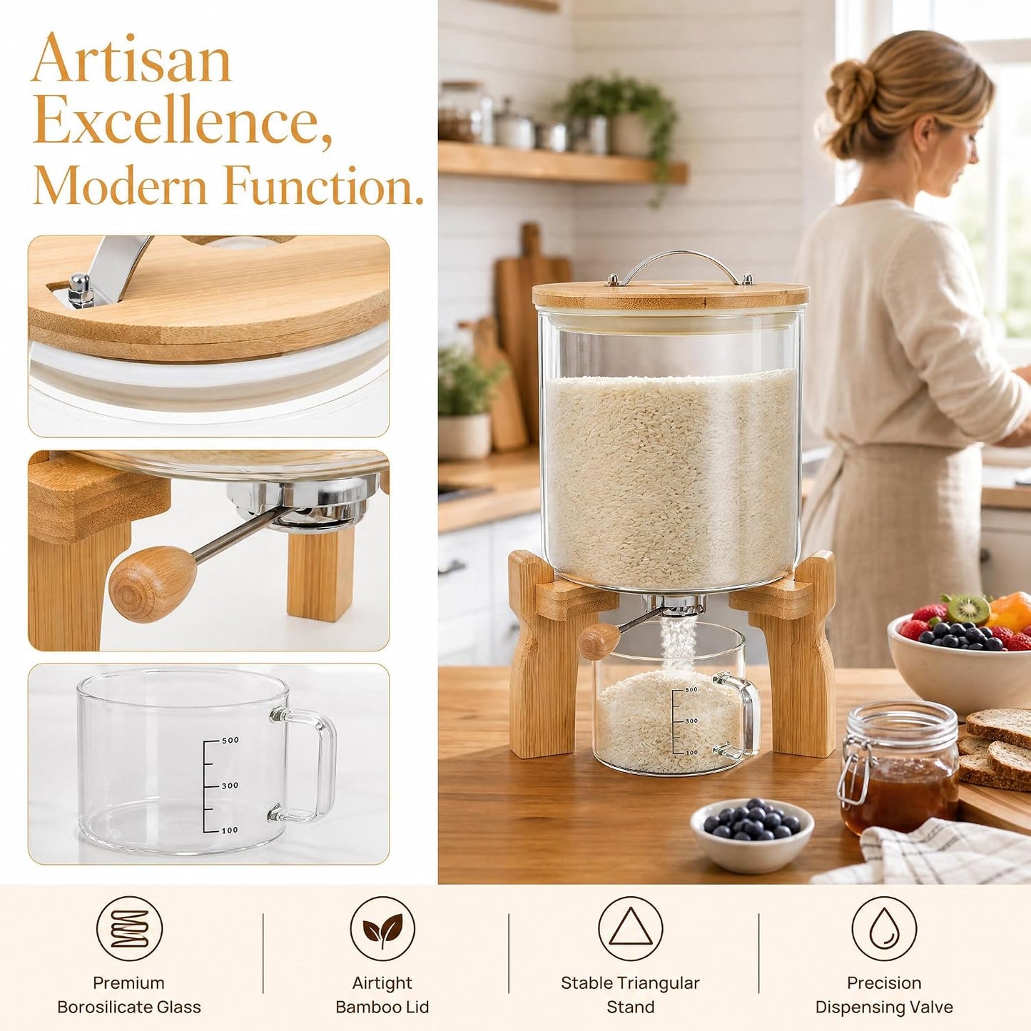Goaste Glass Rice Dispenser with Bamboo Stand, 5L Flour Cereal Container with Airtight Lid, 8 Lbs Large Grain Food Storage Bucket, Countertop Beans Storage Tank with Measuring Cup & Valve for Dry Food