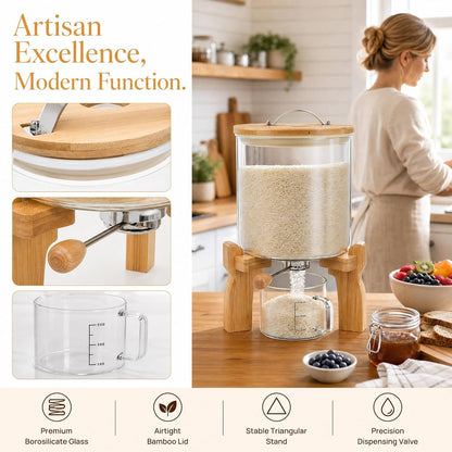 Goaste Glass Rice Dispenser with Bamboo Stand, 5L Flour Cereal Container with Airtight Lid, 8 Lbs Large Grain Food Storage Bucket, Countertop Beans Storage Tank with Measuring Cup & Valve for Dry Food