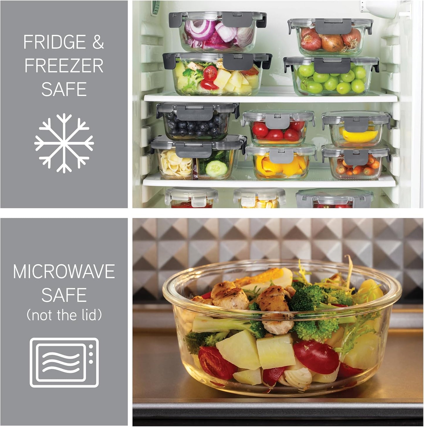 COOK WITH COLOR Premium 32-Pc. Borosilicate Glass Food Container Set with Dividers - 4 Rectangles, 8 Rounds, 4 Squares - Leakproof Lids - Meal Prep, Storage, Grey
