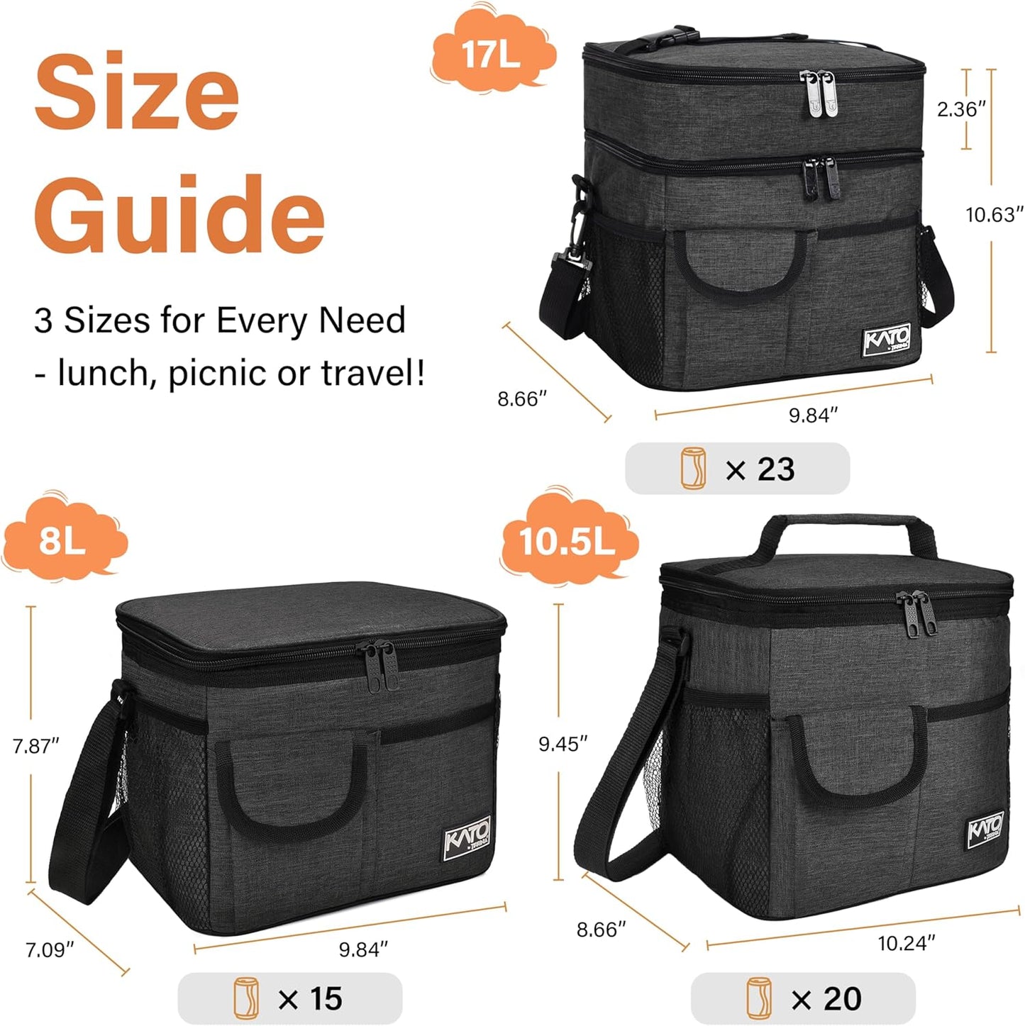 Tirrinia Insulated Lunch Bag for Women Men, Leakproof Lunch Box Containers for Adult, Work, School, Soft Lunchbox for Kids,Boys, Adult Cooler Bag for Picnic Hiking Beach,Charcoal