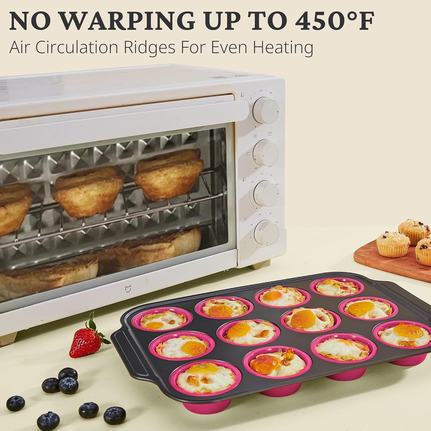 BRONYPRO Silicone Muffin Pans for Baking with Metal Frame, Egg Bite Molds, Cupcake Pans 12 Regular Size, Muffin Tins Easy to Pop Nonstick Non Toxic Bakeware for Oven,Blue