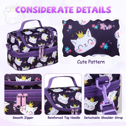 Lunch Bag for Girls,ChaseChic Insulated Lightweight Lunch Boxes for Kids Boys Dual Compartment Lunch Organizer Leak-Proof Cooler Bag with Detachable Adjustable Shoulder Strap,Purple Butterflies