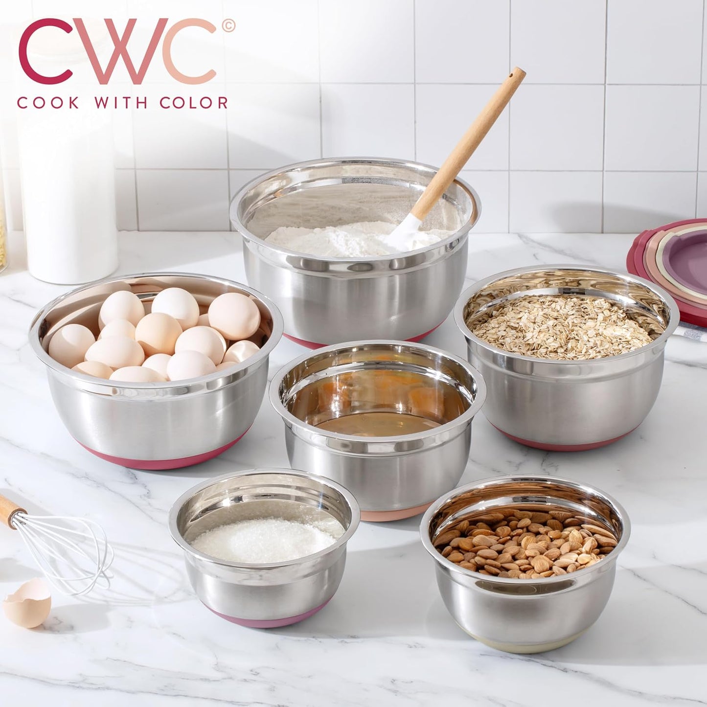 COOK WITH COLOR Stainless Steel Mixing Bowls Set with Lids - Nesting Bowls with Non-Slip Bottom, Sage, 12 Pieces