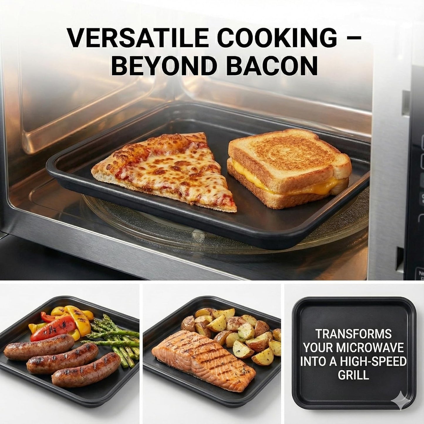 MACONEE Microwave Bacon Cooker & Crisper Pan – Large Nonstick Square Metal Tray for Crispy Bacon, Reheating Pizza & Snacks – Dishwasher Safe Grill Plate (Requires Medium/Large Microwave)