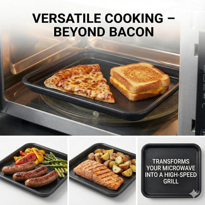 MACONEE Microwave Bacon Cooker & Crisper Pan – Large Nonstick Square Metal Tray for Crispy Bacon, Reheating Pizza & Snacks – Dishwasher Safe Grill Plate (Requires Medium/Large Microwave)