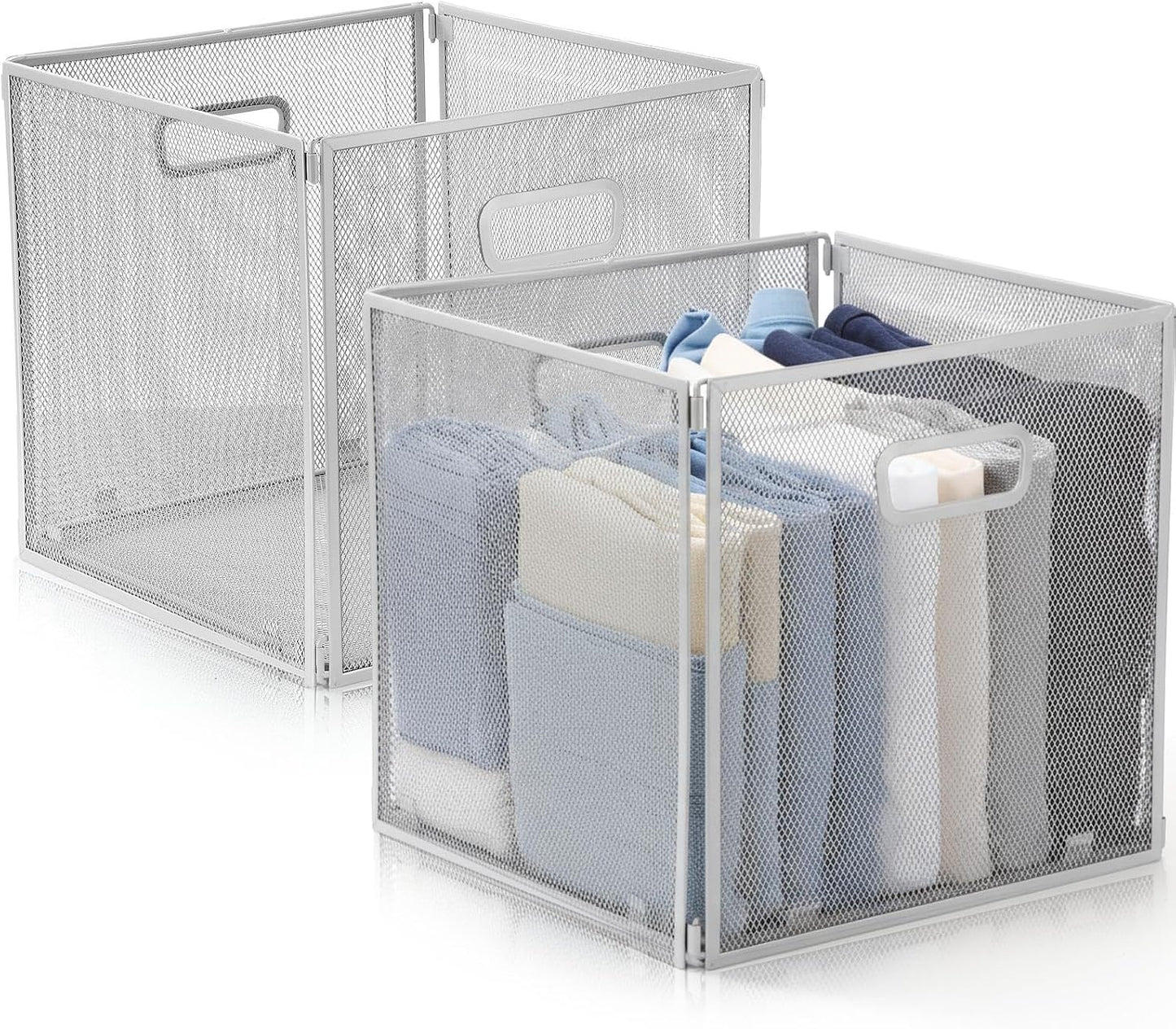 Funnymoom 2 Pcs Foldable Metal Wire Basket 13 x 13 Inch Black Cube Storage Bins Stackable Wire Laundry Baskets Organizer with Handle for Shelves Pantry Cabinet File Graduation Gift