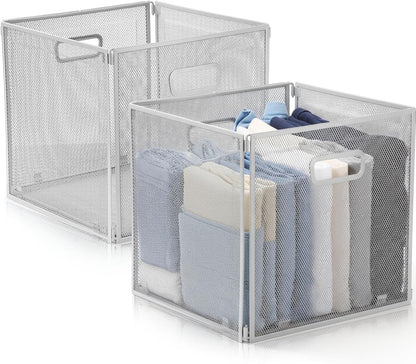 Funnymoom 2 Pcs Foldable Metal Wire Basket 13 x 13 Inch Black Cube Storage Bins Stackable Wire Laundry Baskets Organizer with Handle for Shelves Pantry Cabinet File Graduation Gift