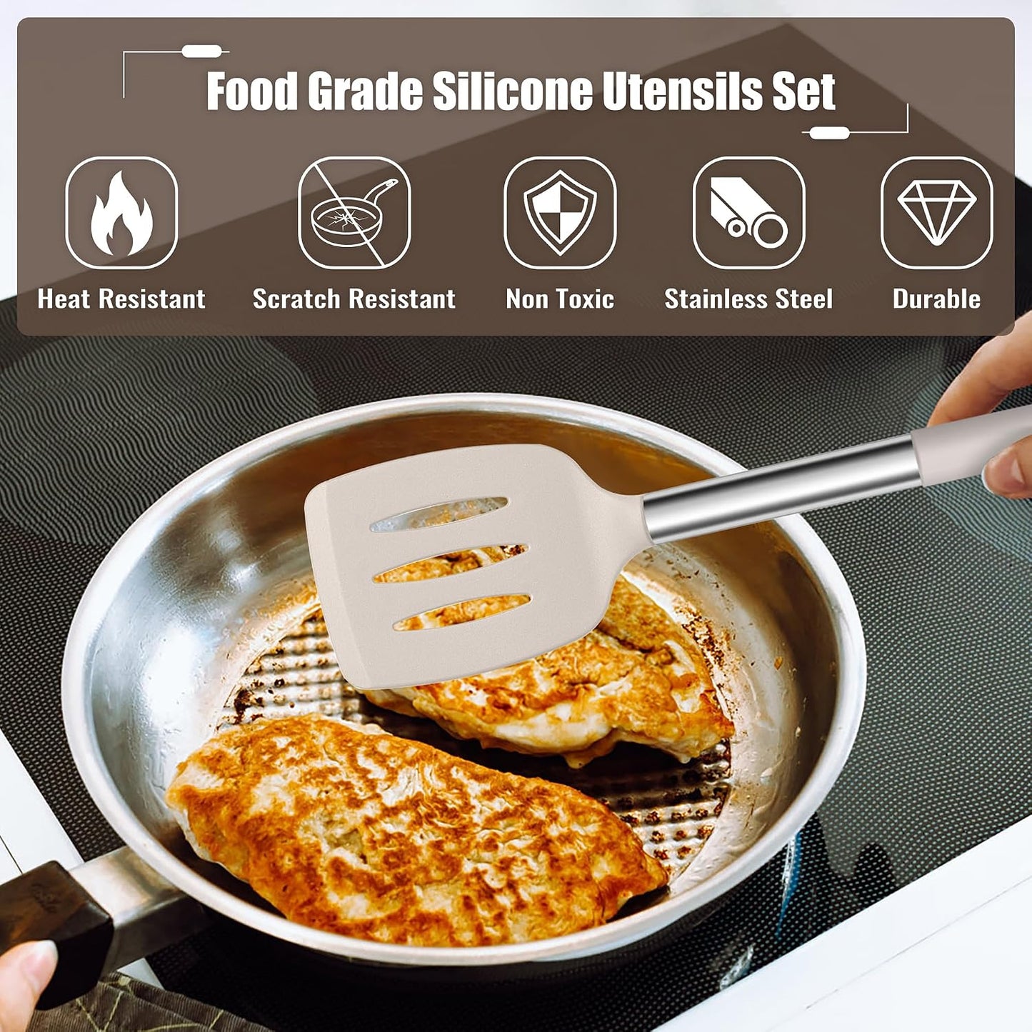 E-far 14 Pieces Silicone Cooking Utensils Set, Kitchen Utensils Set with Holder, Spatula, Ladle, Spoon, Tong, Slotted Turner for Nonstick Cookware, Heat Resistant & Stainless Steel Handle, Black