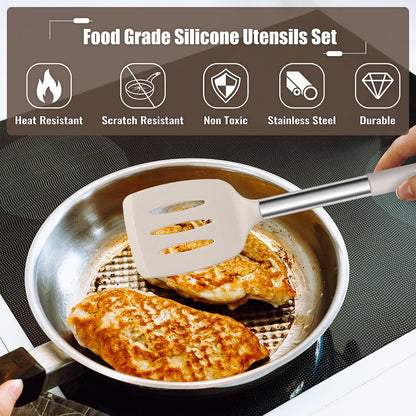 E-far 14 Pieces Silicone Cooking Utensils Set, Kitchen Utensils Set with Holder, Spatula, Ladle, Spoon, Tong, Slotted Turner for Nonstick Cookware, Heat Resistant & Stainless Steel Handle, Black