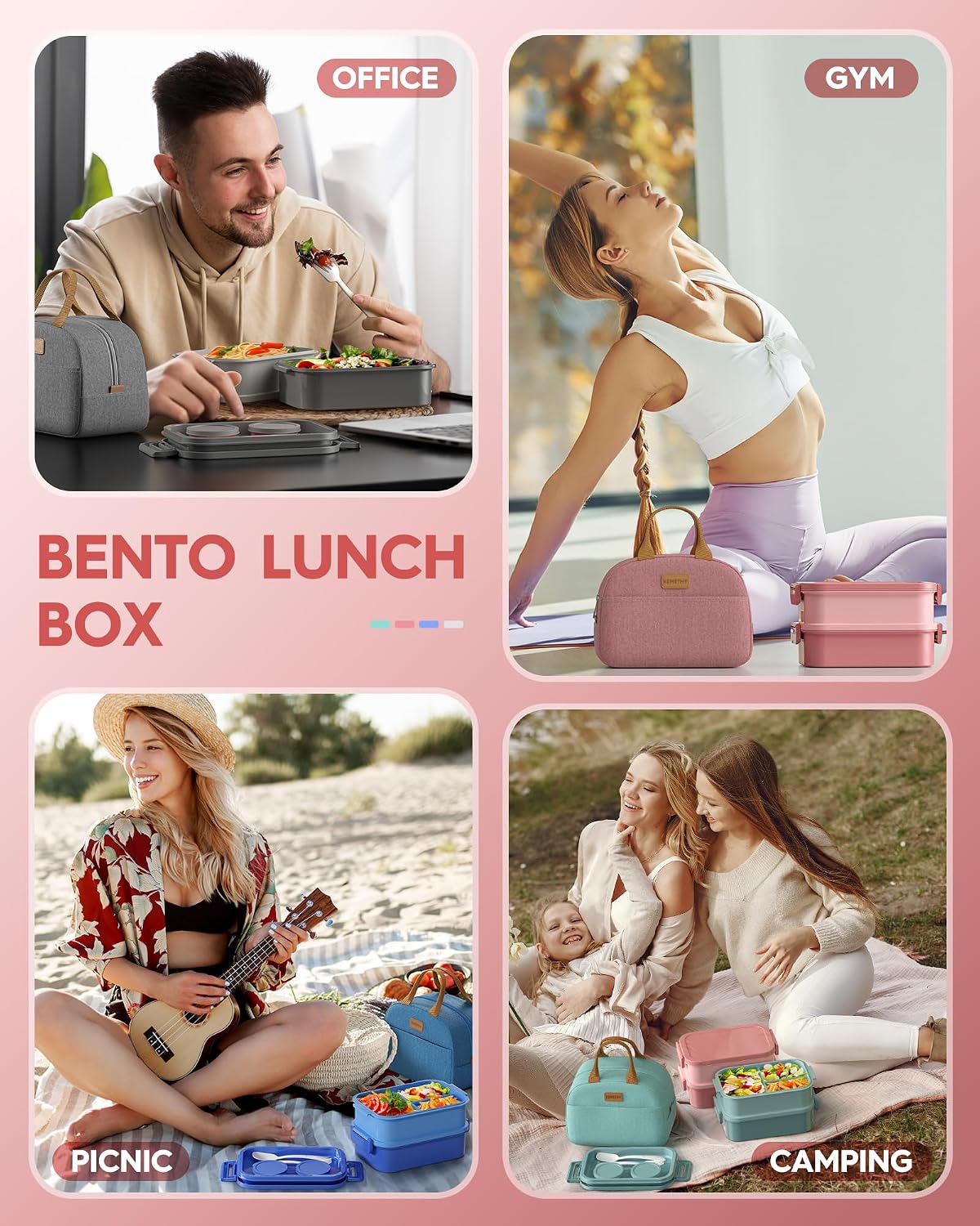 KEMETHY Adults Bento Lunch Box Set with Thermo Bag, 74oz Stackable Leak-proof 3-tiers Bento Box, Built-in Utensil and Sauce Container for Work, School, Dining Out (Gray)