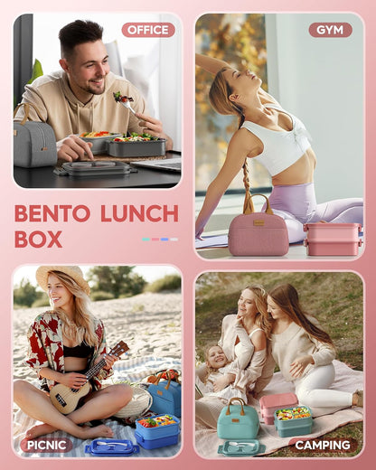 KEMETHY Adults Bento Lunch Box Set with Thermo Bag, 74oz Stackable Leak-proof 3-tiers Bento Box, Built-in Utensil and Sauce Container for Work, School, Dining Out (Gray)