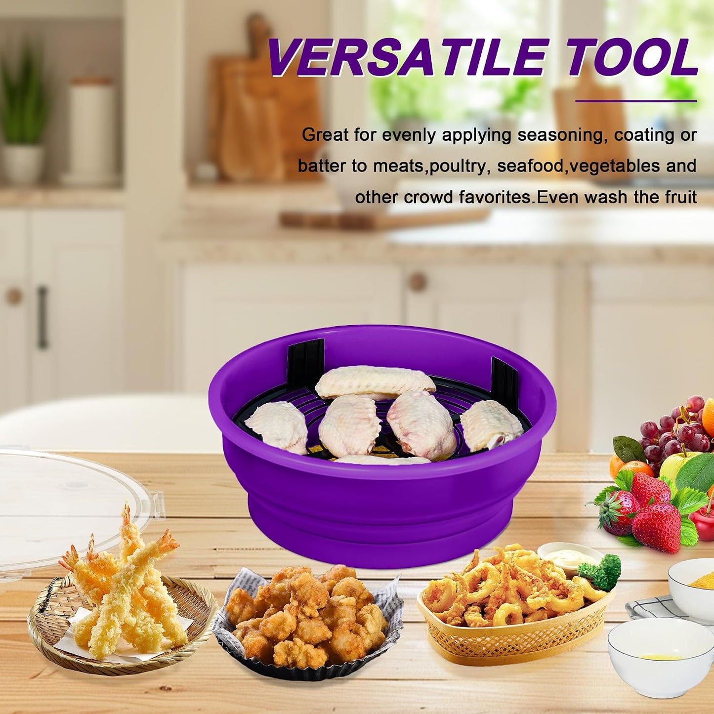 FJNATINH Collapsible Batter Bowl - Mess Free Better Breader Shaker Bowl with Lid Breading Shaker Container for Fried Fish, Fried Chicken, Onion Rings & More,No Leak,Easy to Store,Light Blue