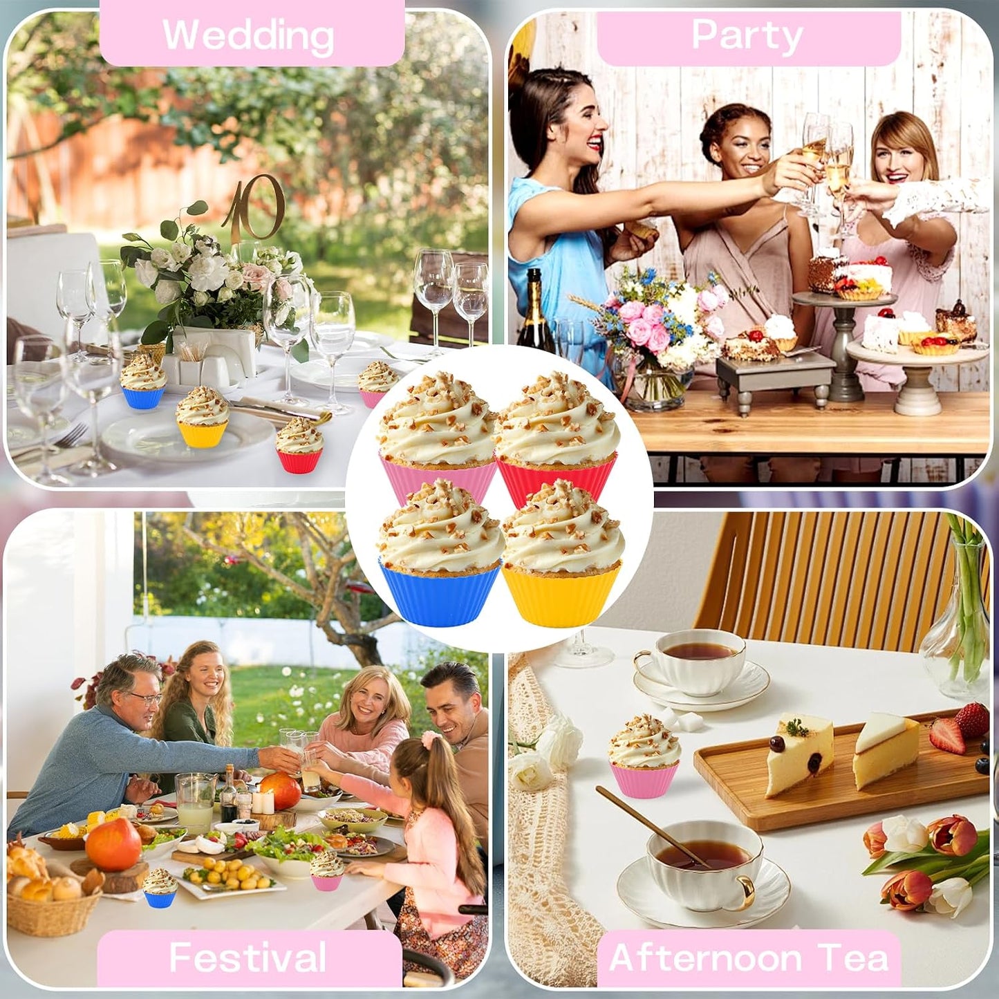 12 Pack Reusable Silicone Cupcake Liners Baking Cups Liners Non-Stick Cake Molds Sets for Lunch Wedding Engagement
