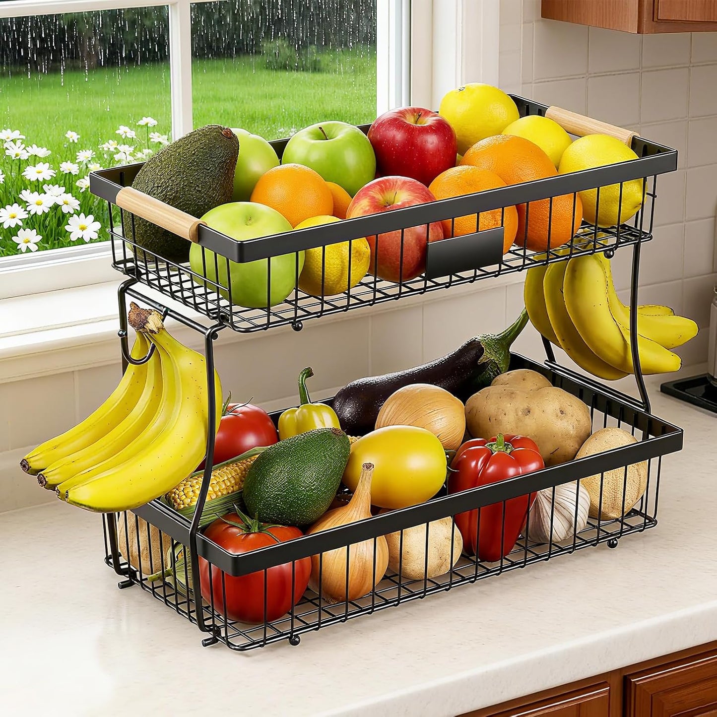 3 Tier Fruit Basket with 2 Banana Hangers for Kitchen Counter | 3-Tier Detachable Design,Metal Wire Construction, Wooden Handle, Large Capacity, Multi-Purpose Organizer,Mesh Basket