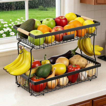 3 Tier Fruit Basket with 2 Banana Hangers for Kitchen Counter | 3-Tier Detachable Design,Metal Wire Construction, Wooden Handle, Large Capacity, Multi-Purpose Organizer,Mesh Basket