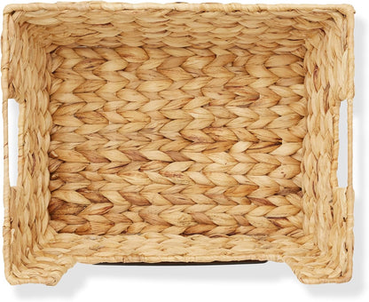 Casafield Set of 2 Water Hyacinth Pantry Baskets with Handles, Chalkboard Labels, and Marker - Espresso, Wide Woven Storage Bin Organizers for Kitchen Shelves