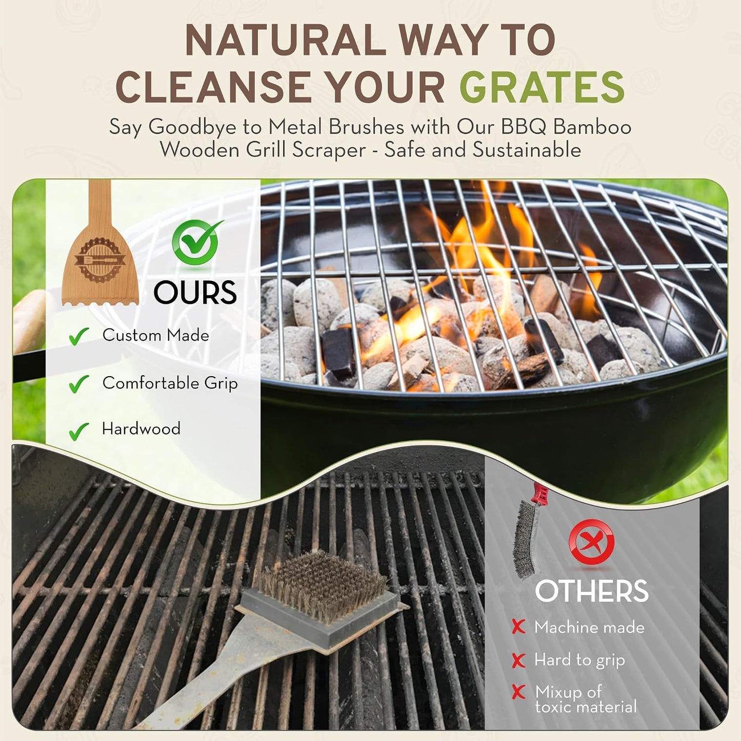 Wooden BBQ Grill Scraper – Beech Wood Griddle Cleaner for Traeger and Other Grills, No Metal Bristles, Safe and Durable Grill Cleaning Tool with Grooved Edge