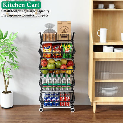 OKZEST 3-Tier Rolling Pantry Floor Organizer and Storage Cart with Wheels, Stackable Wire Pantry Baskets for Pantry Shelves, Kitchen Storage Rack and Fruit Basket Stand for Fruit Snack Onion Potato