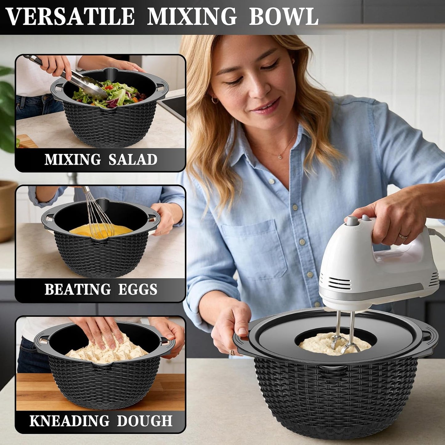 4-in-1 Colander with Bowl Set — Patented 360° Rotatable Strainer Bowl with 3 Graters, Snap-On Lid & Non-Slip Base, Funny Kitchen Present for Women, Aesthetic Pasta Fruit Vegetable Strainer (Beige)