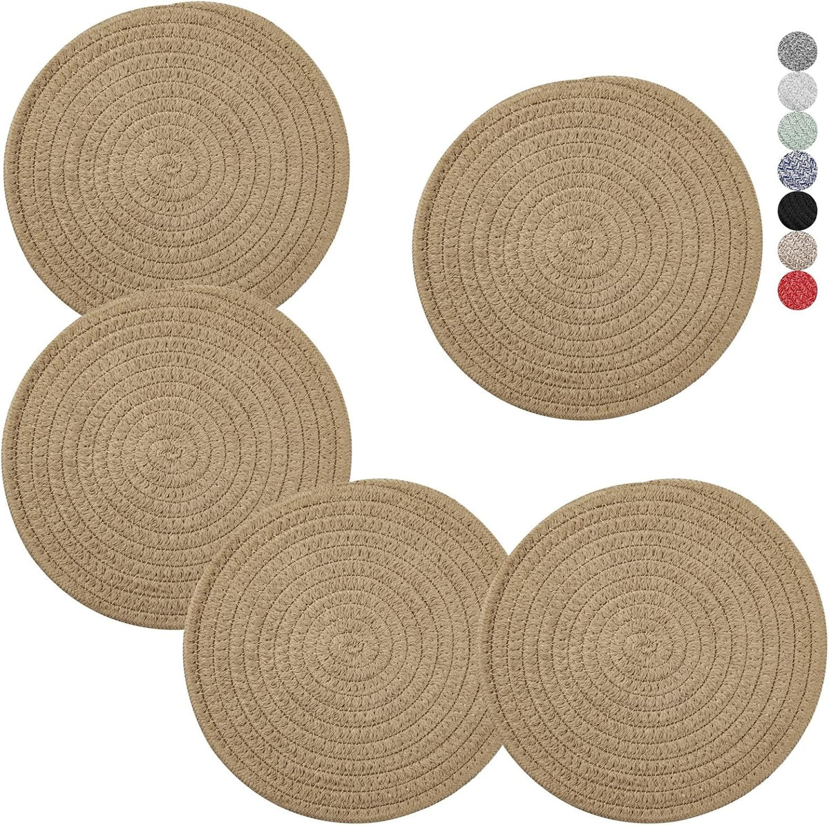 Trivets for Hot Dishes, Pots and Pans, 8 Inches Hot Pads 5 Pcs, Pot Holders for Kitchen, Heat Resistant Mat Protect Counter, Coasters Set Home Essentials Farmhouse Decor (Brown)