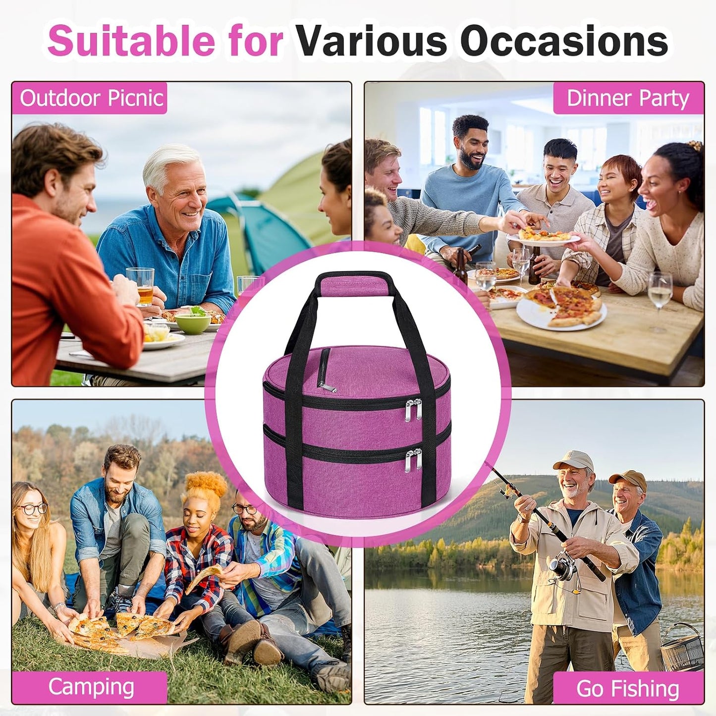 Round Insulated Casserole Carrier – 12" Portable Pie Carrier Bag for Hot or Cold Food, Leakproof Thermal Lunch Tote with Handle for Parties Picnic & Travel - Grey