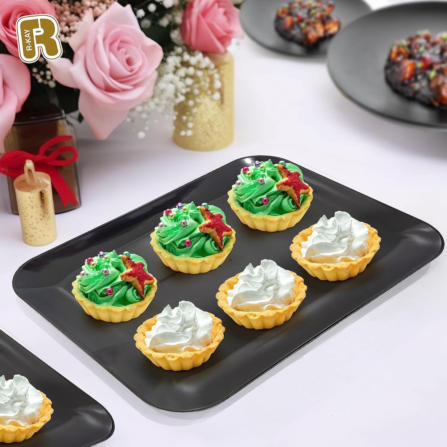 6 Pack Plastic Serving Trays for Party - 8 x 11 Disposable Serving Tray - Heavy Duty Gold Dessert Trays (Clear)