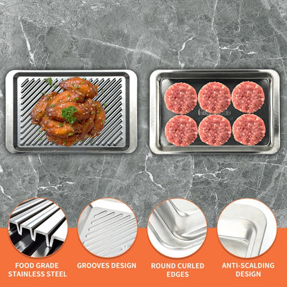 Grilling Prep and Serve Trays, Set of 2 Stackable Stainless Steel BBQ Trays, Deep Marinating Container, Serving Platter for Plating Food, BBQ Prep Tub for Marinating Meats, Grill Accessories