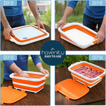 BBQ Prep Tub 8L - Multifunctional Collapsible Camping Cutting Board with Upgraded Locking lid, Meat Storage Container for Meal Prep, Dish Basin Bowl Perfect for Grilling Outdoor Cooking Large