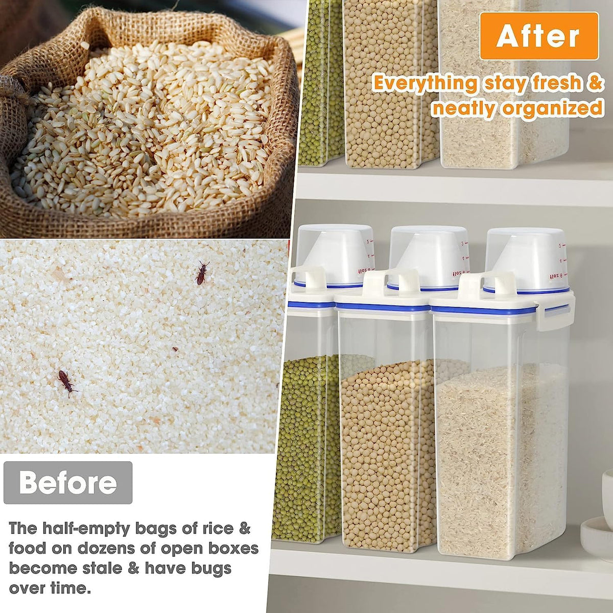 Fabater Rice Airtight Storage Container, 3 to 5Lbs Cereal Dry Food Flour Bin, Pet Dog Cat Food Dispenser with Measuring Cup, Clear Plastic Kitchen and Pantry Organization Bin (White)
