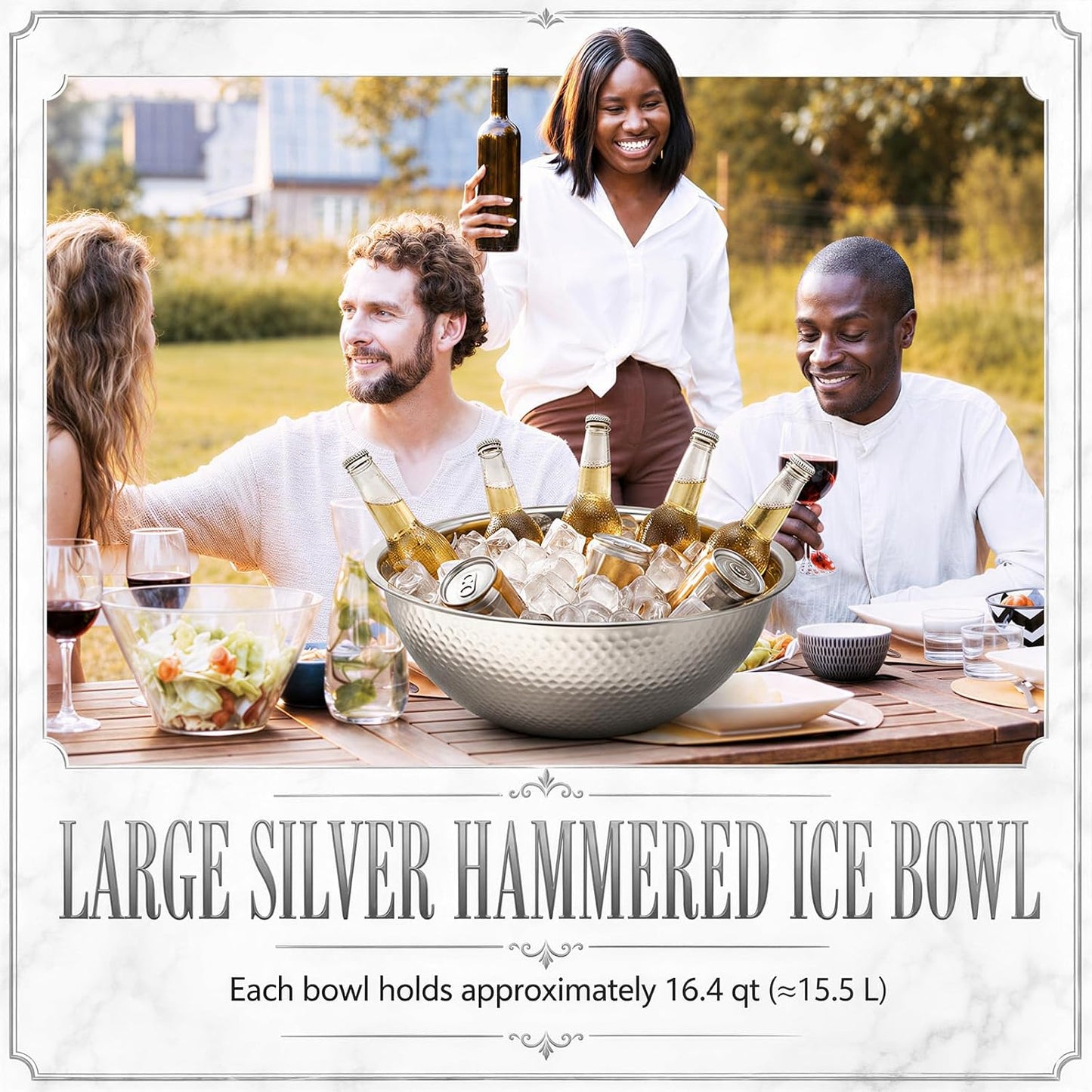 2 Pcs Large Gold Hammered Stainless Steel Beverage Tub 15.35x5.12 Inch, 16.4 Qt Leak-proof Ice Bucket for Parties, Champagne Wine Chiller Bowl, Luxury Drink Cooler for Wedding, Mimosa Bar