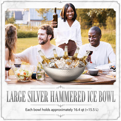 2 Pcs Large Gold Hammered Stainless Steel Beverage Tub 15.35x5.12 Inch, 16.4 Qt Leak-proof Ice Bucket for Parties, Champagne Wine Chiller Bowl, Luxury Drink Cooler for Wedding, Mimosa Bar