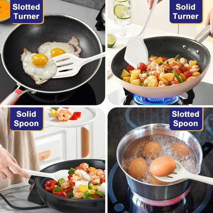 P&P CHEF Kitchen Utensil Set, 4 Pieces Non-stick Silicone Cooking Utensils, Heat-resistant Slotted Solid Spoon Turner for Frying, Mixing, Serving, Non-toxic & Easy to Clean, Blue